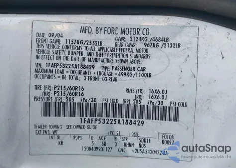 2005 Ford Taurus Se from USA, damaged, VIN 1FAFP53225A188429